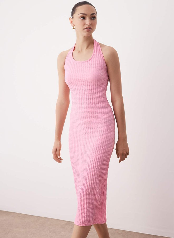 trendyol Pink Textured Halter Bodycone/Fitted Stretchy Maxi Knitted Dress - Image 1