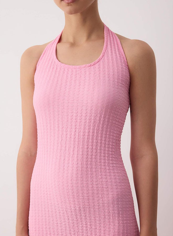 trendyol Pink Textured Halter Bodycone/Fitted Stretchy Maxi Knitted Dress - Image 3