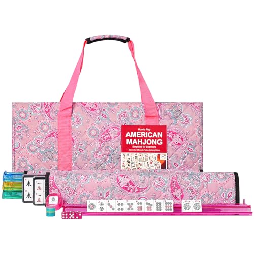 GUSTARIA American Mahjong Game Set 166 White Tiles 4 AllinOne Color RackPushers Complete Mahjong Set with Pink Printed Carrying Bag - Image 1