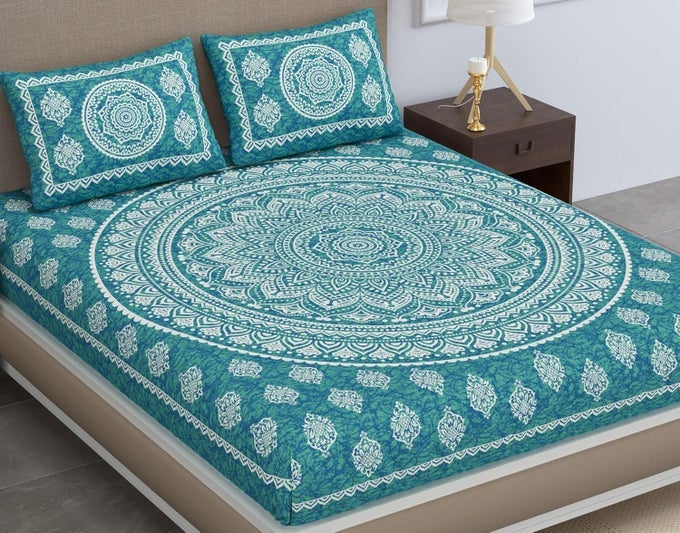 COTTON BLEND TRADITIONAL MANDALA JAIPURI PRINTED BEDSHEET FOR DOUBLE BED KING SIZE WITH 2 PILLOW COVERS SEA GREEN H603 120 TC