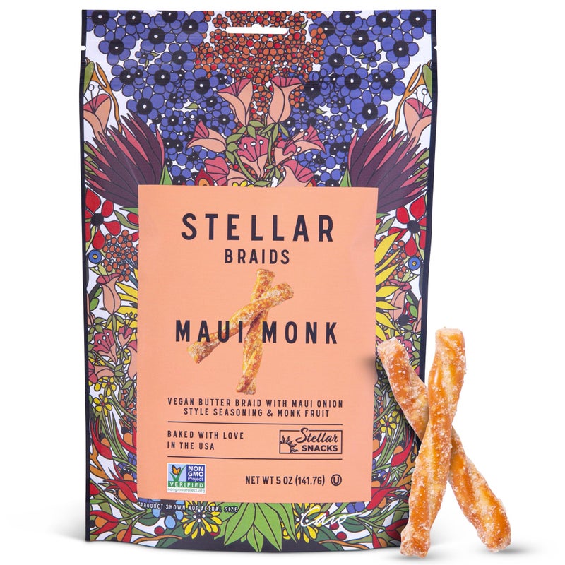 Stellar Snacks Pretzel Braids, Maui Monk Sweet Onion, 5 Oz (Pack of 6), Gourmet Pretzel Sticks, Vegan, Kosher, Non GMO, Peanut Free, Healthy Snack - Image 1