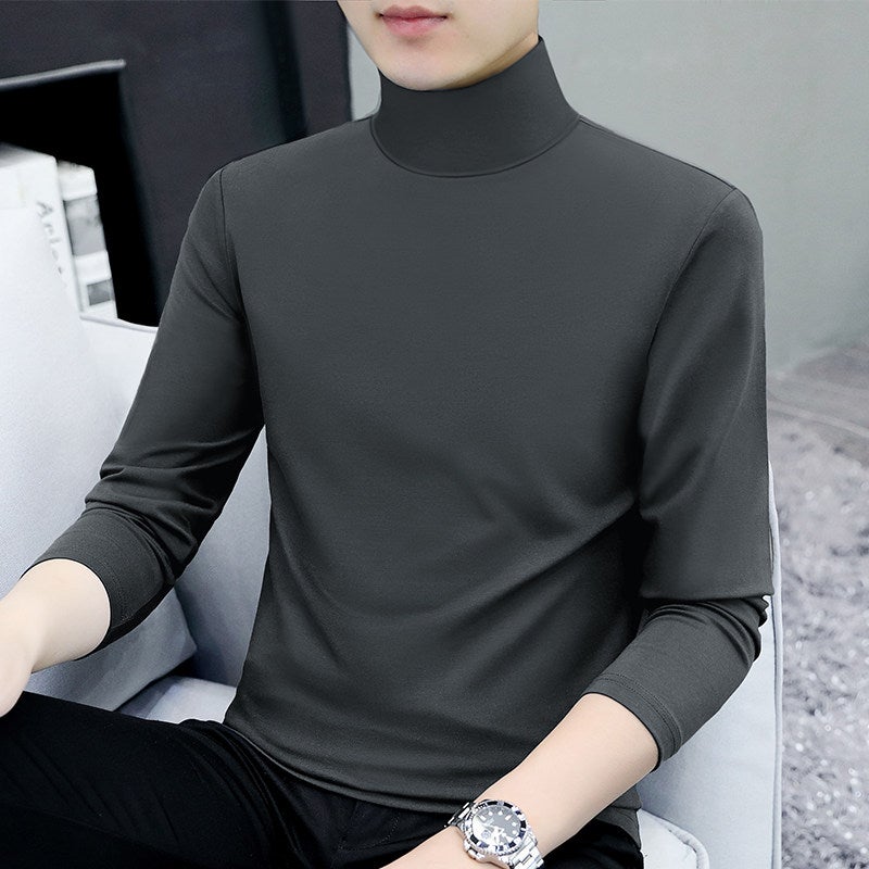 High-quality solid color mid-collar pure cotton long-sleeved T-shirt men's autumn clothes simple and thin ins style half-turtleneck base shirt - Image 2