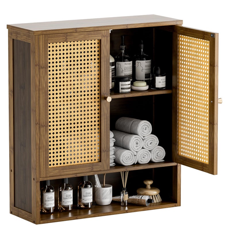HITNET Bamboo Medicine Cabinet, Wall Mounted Bathroom Cabinet with Adjustable Shelf, Double Rattan Door Hanging Storage Organizer Over Toilet for Entryway, Laundry Room (Walnut) - Image 1
