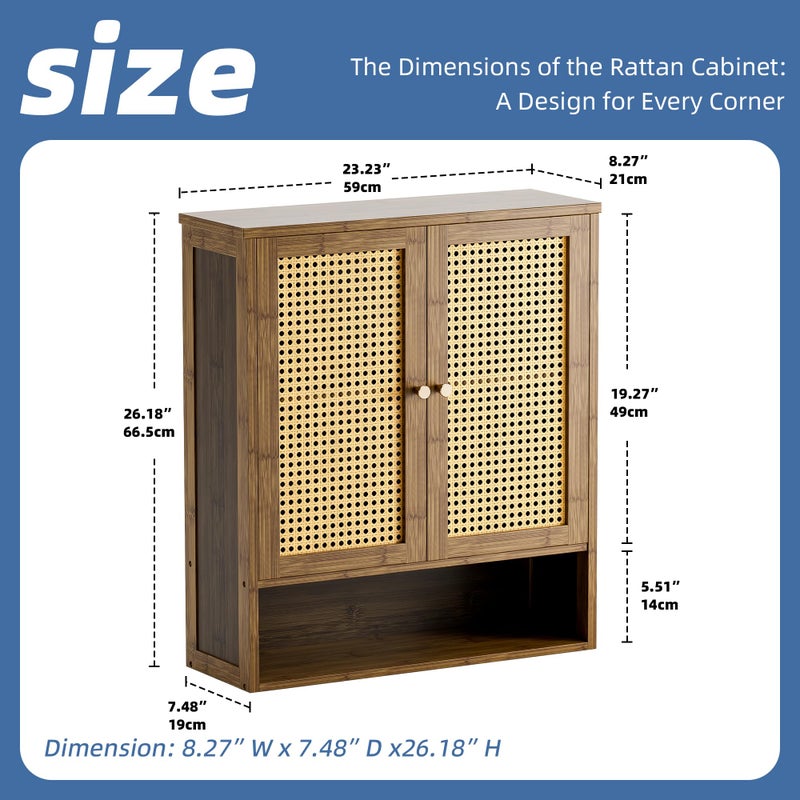 HITNET Bamboo Medicine Cabinet, Wall Mounted Bathroom Cabinet with Adjustable Shelf, Double Rattan Door Hanging Storage Organizer Over Toilet for Entryway, Laundry Room (Walnut) - Image 3