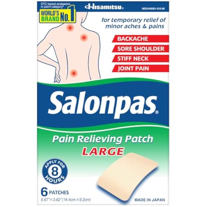 Salonpas Pain Relieving Patch, Large, 6 Count, for Back, Neck, Shoulder, Knee Pain and Muscle Soreness, 8 Hour Pain Relief - Image 1