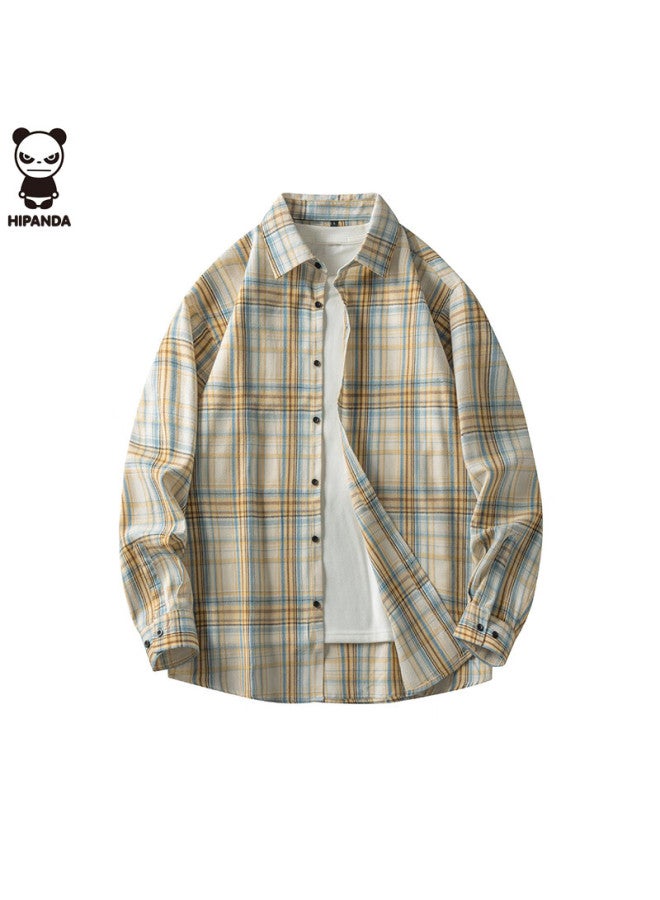 Hipanda Men's Plaid Long Sleeve Shirt Spring Autumn Loose Casual Shirt Jacket Men's Top Light Yellow 2XL - Image 4