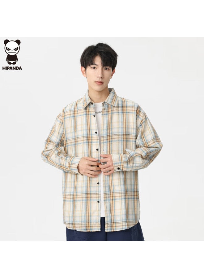 Hipanda Men's Plaid Long Sleeve Shirt Spring Autumn Loose Casual Shirt Jacket Men's Top Light Yellow 2XL - Image 1
