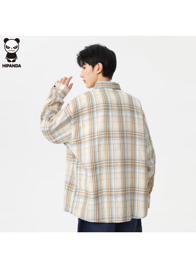 Hipanda Men's Plaid Long Sleeve Shirt Spring Autumn Loose Casual Shirt Jacket Men's Top Light Yellow 2XL - Image 3