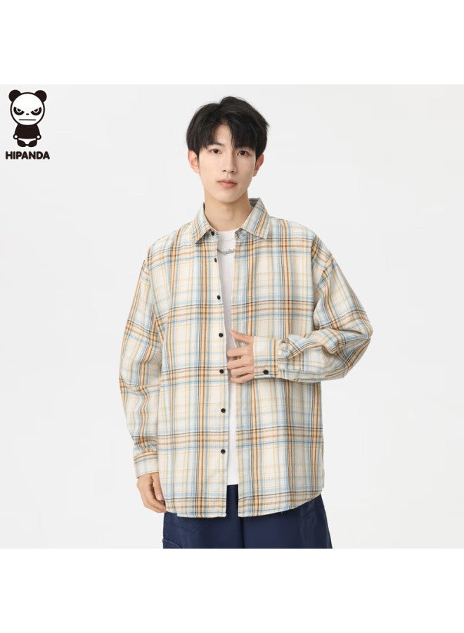 Hipanda Men's Plaid Long Sleeve Shirt Spring Autumn Loose Casual Shirt Jacket Men's Top Light Yellow 2XL - Image 5
