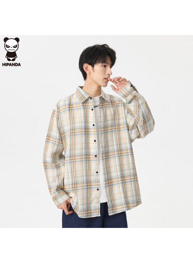 Hipanda Men's Plaid Long Sleeve Shirt Spring Autumn Loose Casual Shirt Jacket Men's Top Light Yellow 2XL - Image 2