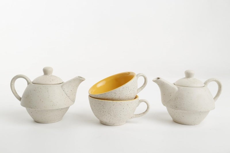 Caffeine Ceramic Handmade White Matte Mustard 2 in1 Tea Pot Set of 2 Single Kettle with Cup - Image 3