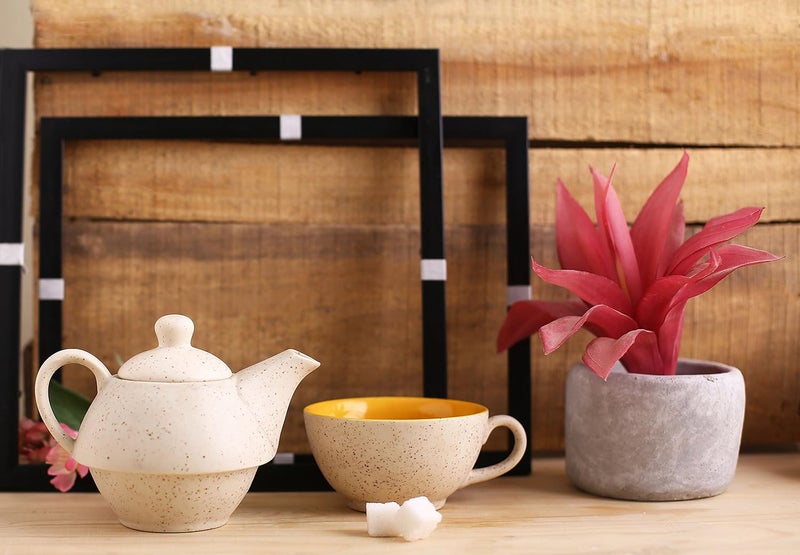 Caffeine Ceramic Handmade White Matte Mustard 2 in1 Tea Pot Set of 2 Single Kettle with Cup - Image 1