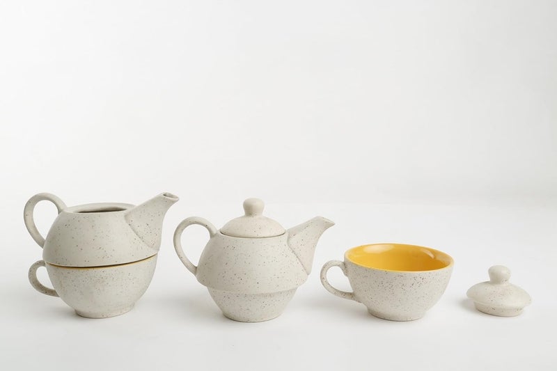 Caffeine Ceramic Handmade White Matte Mustard 2 in1 Tea Pot Set of 2 Single Kettle with Cup - Image 2