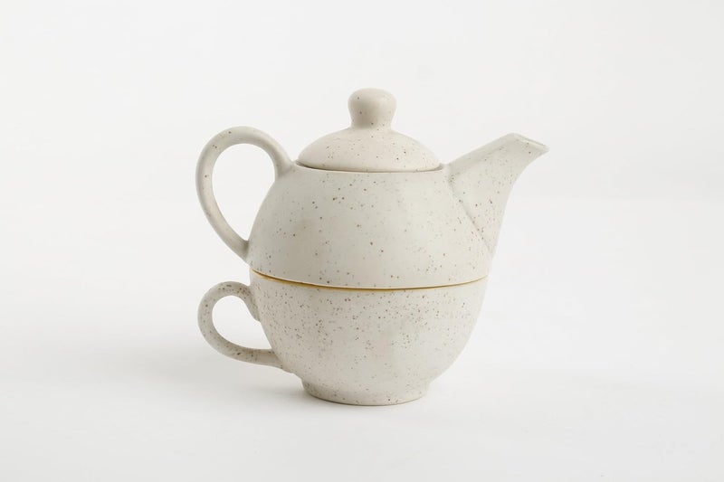 Caffeine Ceramic Handmade White Matte Mustard 2 in1 Tea Pot Set of 2 Single Kettle with Cup - Image 4