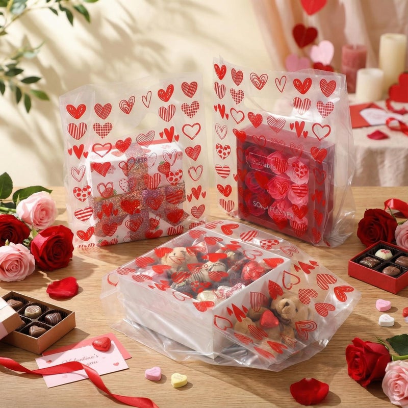 Capoda 50 Pcs Valentines Day Gift Bags 7.9 x 11.8 x 4.7 Inch Valentines Treat Candy Goodies Bag Bulk with Handles Reusable Red Heart Plastic Bags for Classroom Wedding Birthday Party Favors Supplies - Image 4