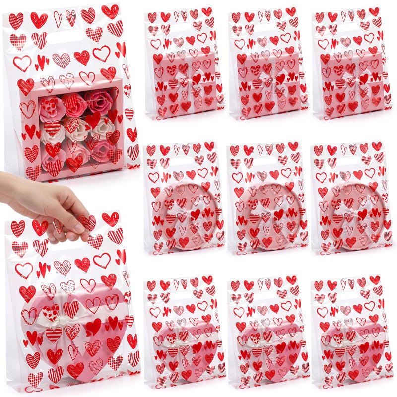 Capoda 50 Pcs Valentines Day Gift Bags 7.9 x 11.8 x 4.7 Inch Valentines Treat Candy Goodies Bag Bulk with Handles Reusable Red Heart Plastic Bags for Classroom Wedding Birthday Party Favors Supplies - Image 1