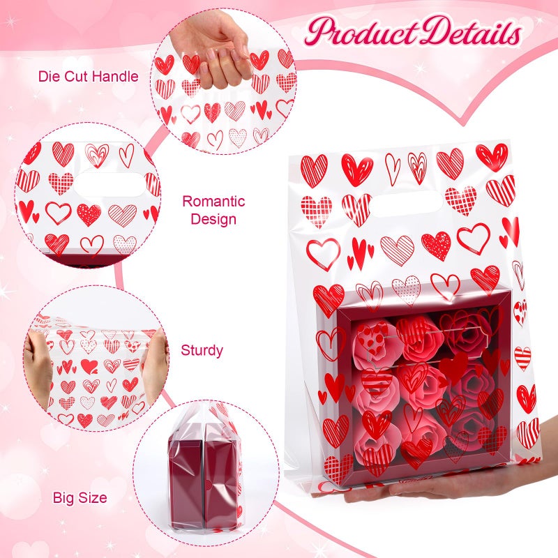 Capoda 50 Pcs Valentines Day Gift Bags 7.9 x 11.8 x 4.7 Inch Valentines Treat Candy Goodies Bag Bulk with Handles Reusable Red Heart Plastic Bags for Classroom Wedding Birthday Party Favors Supplies - Image 3