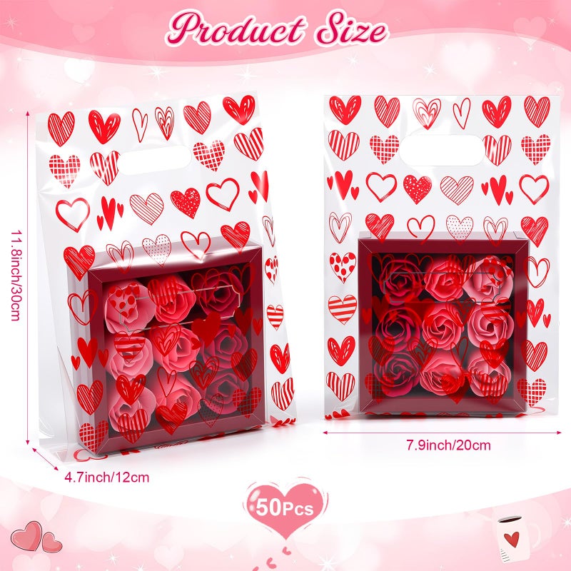Capoda 50 Pcs Valentines Day Gift Bags 7.9 x 11.8 x 4.7 Inch Valentines Treat Candy Goodies Bag Bulk with Handles Reusable Red Heart Plastic Bags for Classroom Wedding Birthday Party Favors Supplies - Image 2