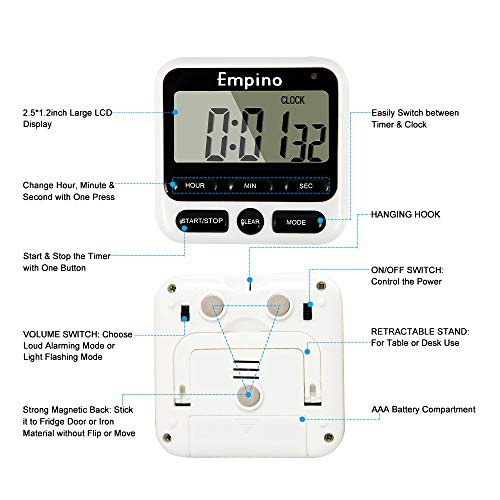 Empino Digital Kitchen Timer, Cooking Timer, 12-Hour Display Clock, Large Display, Strong Magnet Back, Loud Alarm, Memory Function, Count-Up & Count Down for Cooking Baking Sports Game Office Exercise - Image 2