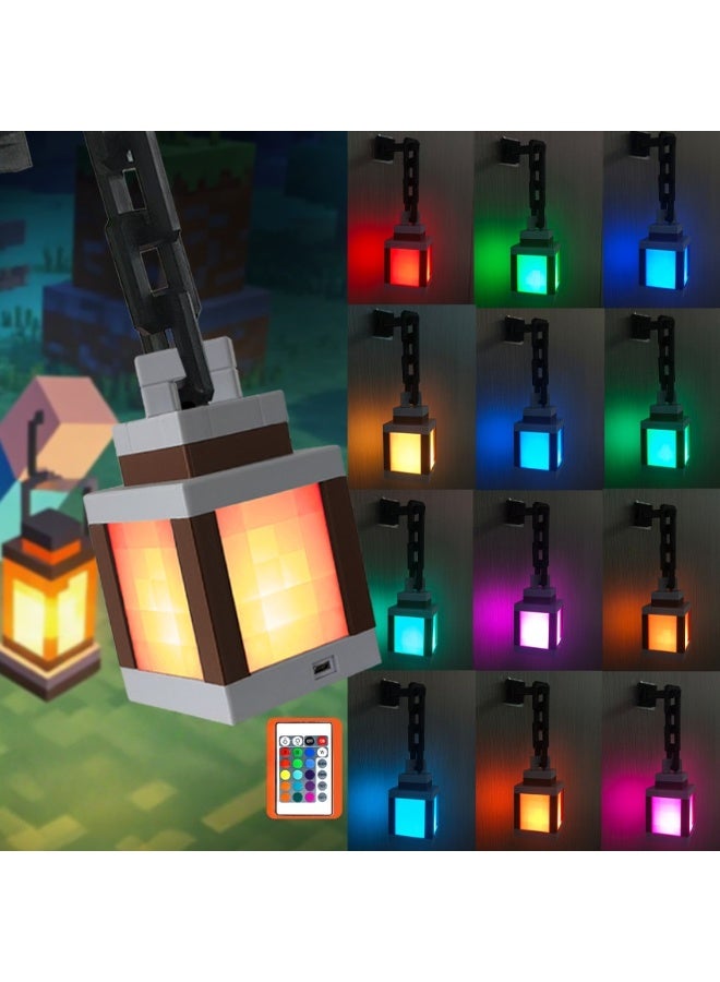 Pixelated Lantern Night Light, LED 16 Colors Changing Hanging Lantern Lamp - Rechargeable Wall Tabletop Night Lights for Gamer Boys Girls Man Bedroom Game Room Wall Decor - Image 1
