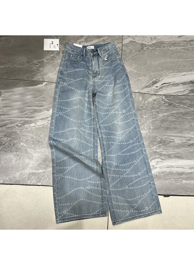 Hong Kong Style Casual Polka Dot Printed Jeans For Women Spring And Summer High-Waist Slimming Look Draped Straight Floor-Length Pants 