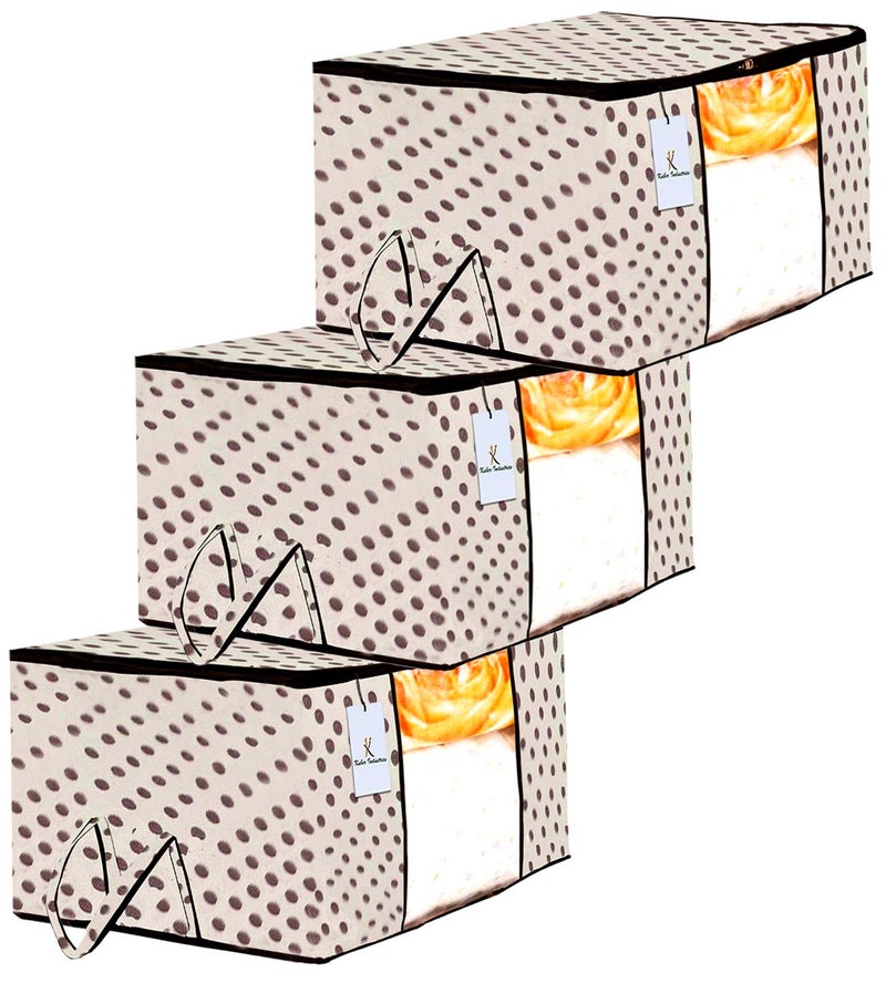Kuber Industries Polka Dot Design 3 Piece Non Woven Underbed Storage Bag Storage Organiser Blanket Cover with Transparent Window Extra Large Ivory CTKTC134503 - Image 1