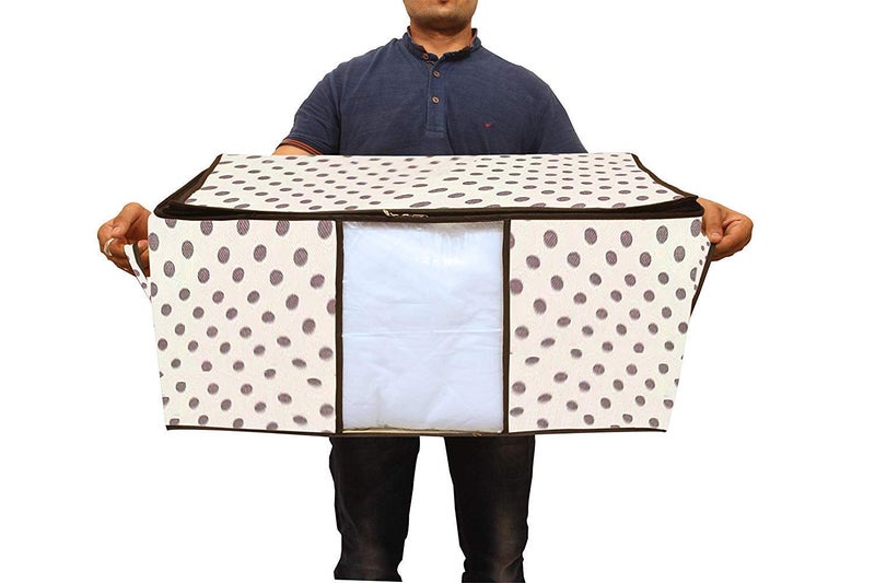 Kuber Industries Polka Dot Design 3 Piece Non Woven Underbed Storage Bag Storage Organiser Blanket Cover with Transparent Window Extra Large Ivory CTKTC134503 - Image 3