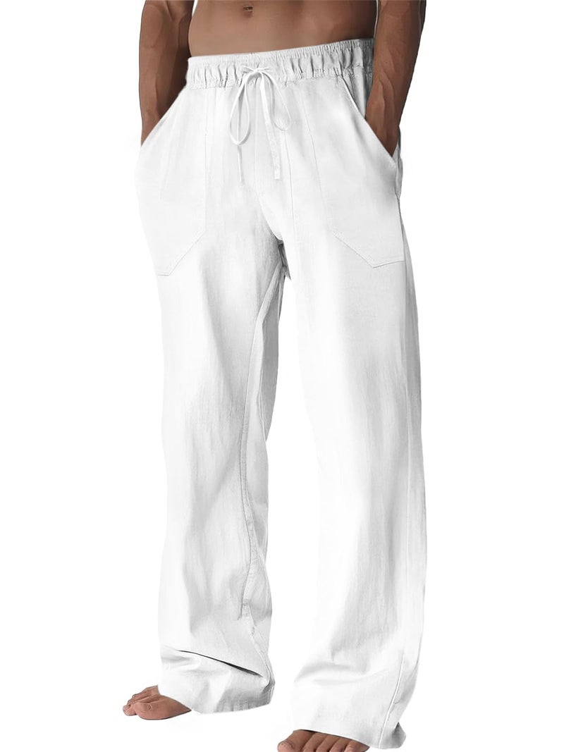 Runcati Mens Casual Pants Linen Drawstring Elastic Waist Loose Fit Straight Leg Pants Summer Vacation Beach Yoga Trousers White - Image 1