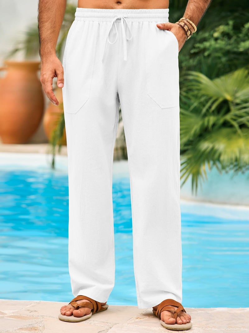 Runcati Mens Casual Pants Linen Drawstring Elastic Waist Loose Fit Straight Leg Pants Summer Vacation Beach Yoga Trousers White - Image 2