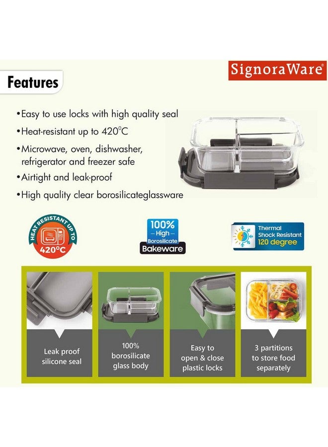 Signoraware Slim High Borosilicate Glass Three Compartment Lunch Box | Leakproof | Microwave, Oven & Dishwasher Safe | Airtight | High Heat Acceptance | Direct Fridge to Oven (1000ml | Clear) - Image 5