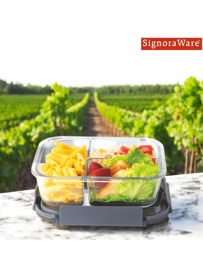 Signoraware Slim High Borosilicate Glass Three Compartment Lunch Box | Leakproof | Microwave, Oven & Dishwasher Safe | Airtight | High Heat Acceptance | Direct Fridge to Oven (1000ml | Clear) - Image 4