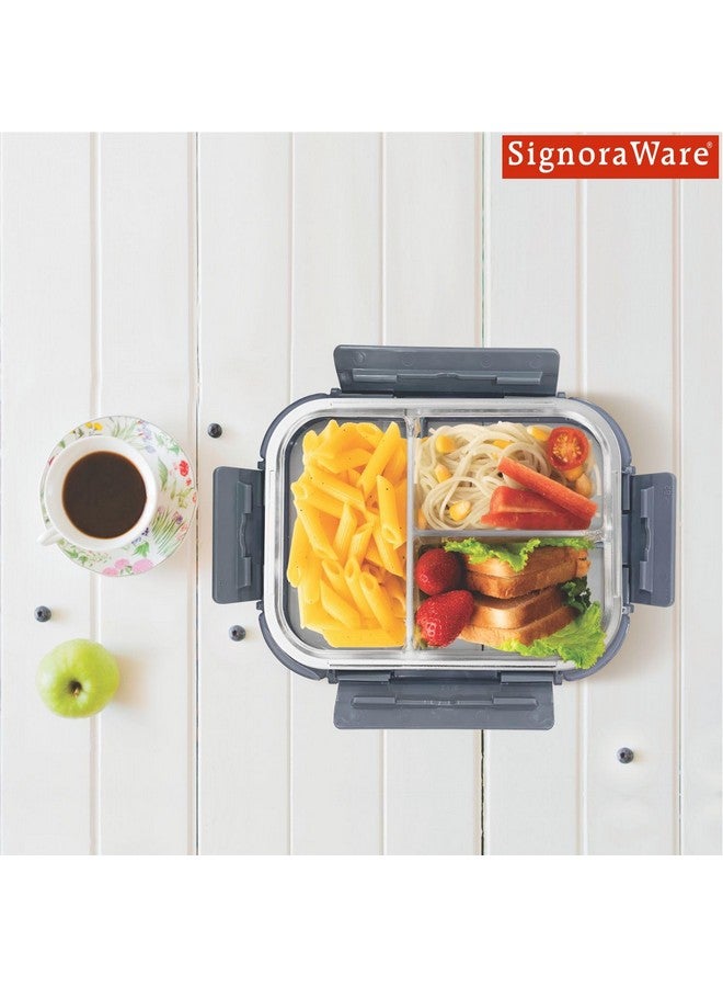 Signoraware Slim High Borosilicate Glass Three Compartment Lunch Box | Leakproof | Microwave, Oven & Dishwasher Safe | Airtight | High Heat Acceptance | Direct Fridge to Oven (1000ml | Clear) - Image 3