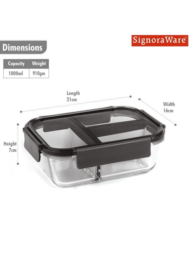 Signoraware Slim High Borosilicate Glass Three Compartment Lunch Box | Leakproof | Microwave, Oven & Dishwasher Safe | Airtight | High Heat Acceptance | Direct Fridge to Oven (1000ml | Clear) - Image 2