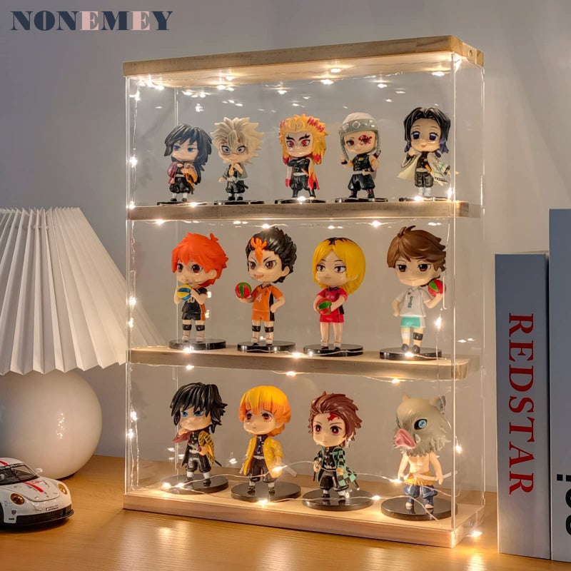 NONEMEY Clear Acrylic Display Case Stand with Wood Base 2 Tierã€3 Tier Storage Box Wall Mount Showcase Dustproof Organizer Box for Collectibles (3Tier 12Ã—3.3Ã—15inch) - Image 2