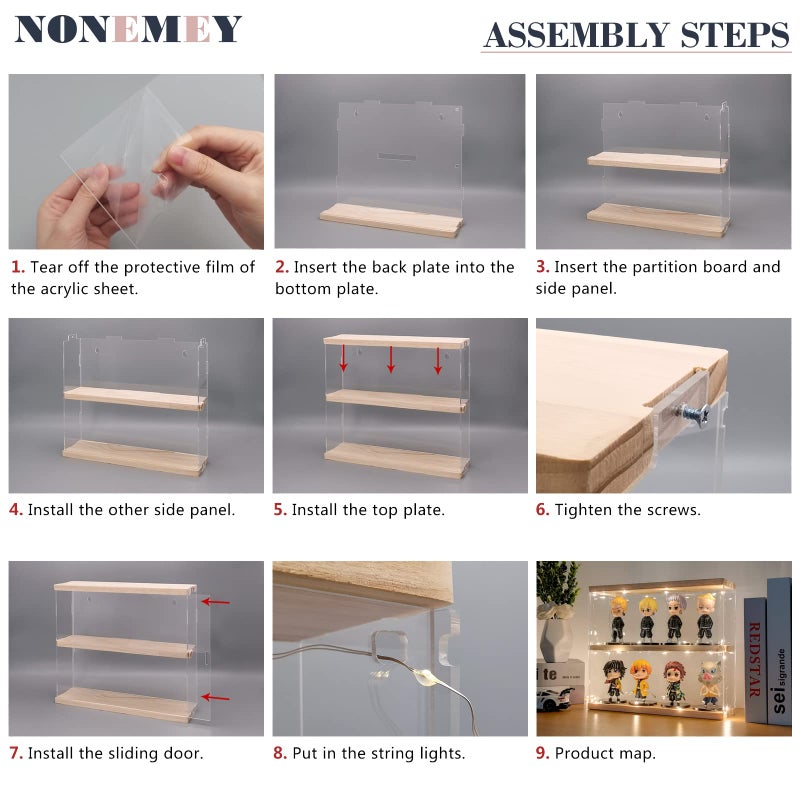 NONEMEY Clear Acrylic Display Case Stand with Wood Base 2 Tierã€3 Tier Storage Box Wall Mount Showcase Dustproof Organizer Box for Collectibles (3Tier 12Ã—3.3Ã—15inch) - Image 5