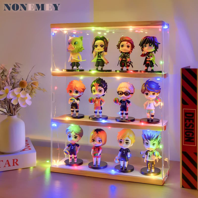 NONEMEY Clear Acrylic Display Case Stand with Wood Base 2 Tierã€3 Tier Storage Box Wall Mount Showcase Dustproof Organizer Box for Collectibles (3Tier 12Ã—3.3Ã—15inch) - Image 4