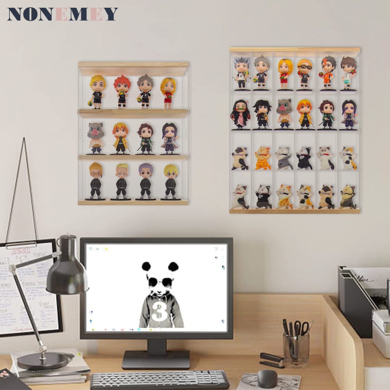 NONEMEY Clear Acrylic Display Case Stand with Wood Base 2 Tierã€3 Tier Storage Box Wall Mount Showcase Dustproof Organizer Box for Collectibles (3Tier 12Ã—3.3Ã—15inch) - Image 3