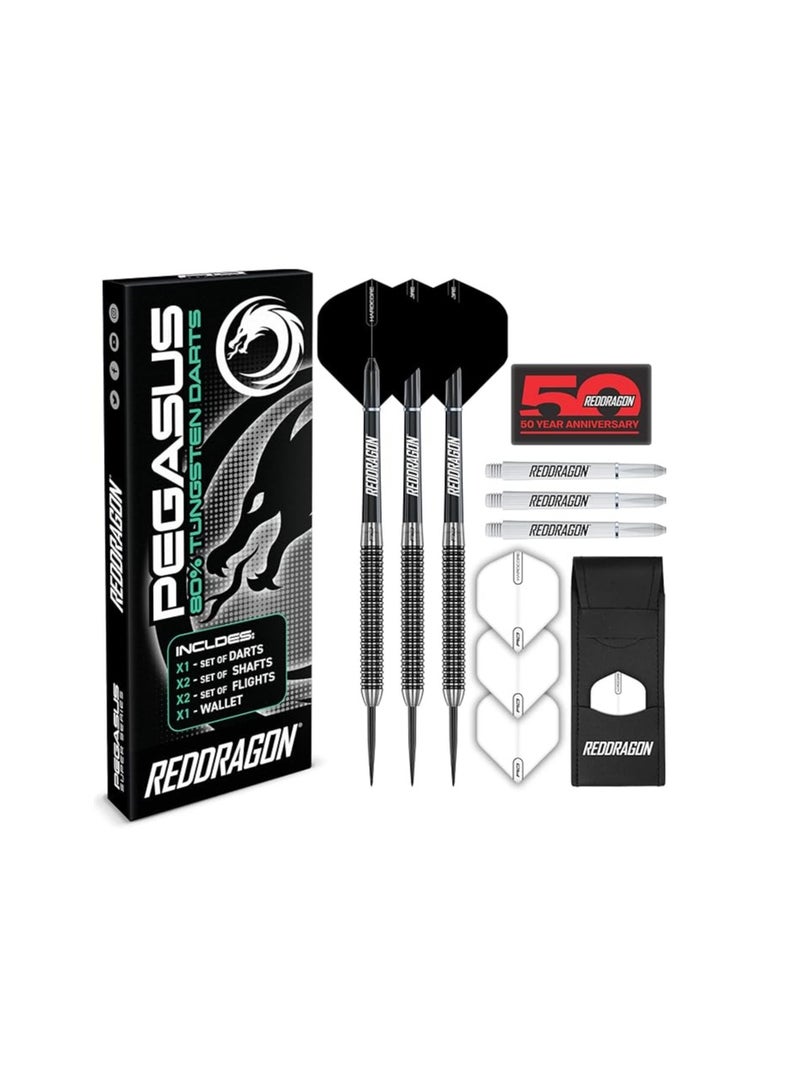 Red Dragon Darts طقم سهام دارت من ريد دراجون بيغاسوس الاحترافي من التنجستن بوزن 21، 23، 24، 25، 26، 28، 30 جرام مع الأجنحة، الأعمدة (المقابض) والمحفظة - Image 1