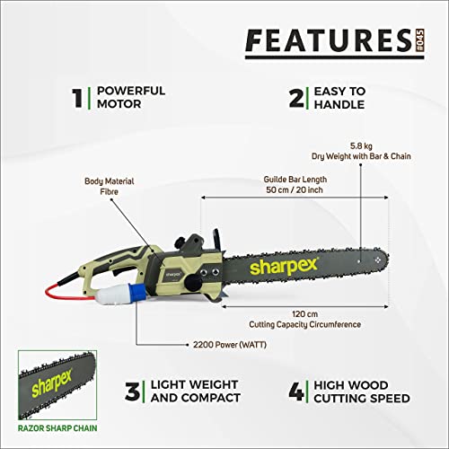 Sharpex 18-inch Tree Limb Master Electric Handheld Chainsaw with Low-Kickback Corded Power 2200 Watt (3HP) Electric Chainsaw with 15 MT Wire - Image 2