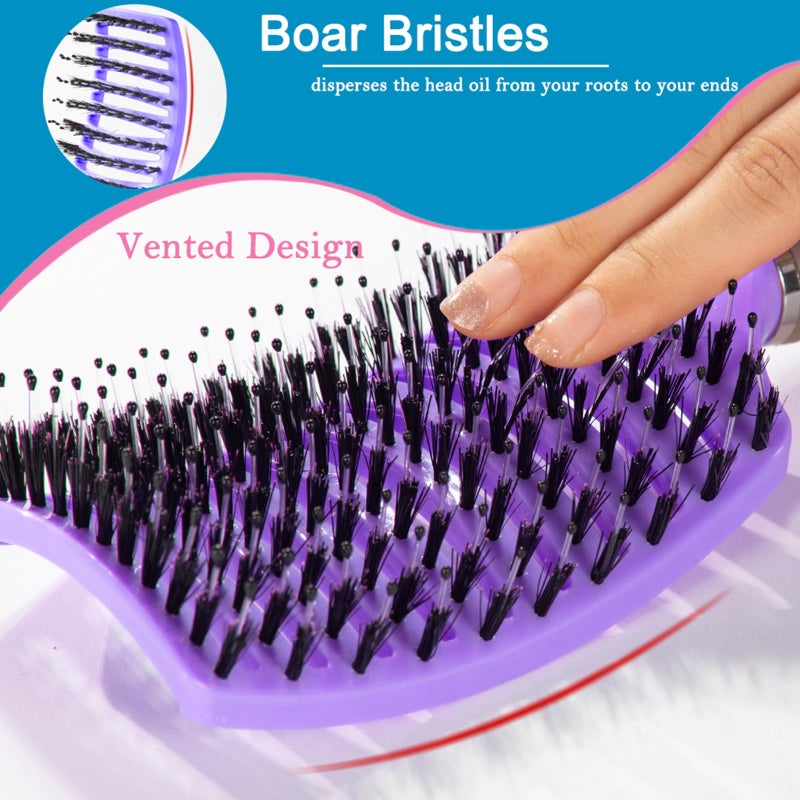 TaiBest Boar Bristle Hair Brush Set - Dry/Wet Hair Brush Detangler for Fine, Thick, Curly Hair - Curved and Vented Hair Brush for Women, Men or Kids (Purple & Rose Red) - Image 2