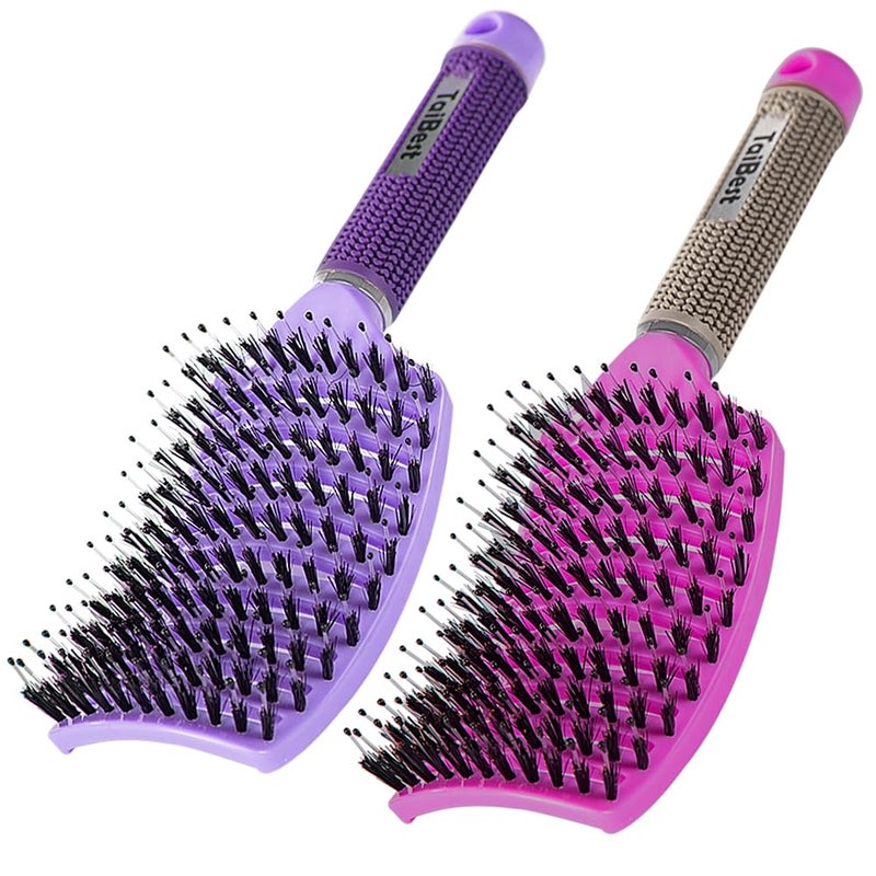 TaiBest Boar Bristle Hair Brush Set - Dry/Wet Hair Brush Detangler for Fine, Thick, Curly Hair - Curved and Vented Hair Brush for Women, Men or Kids (Purple & Rose Red) - Image 1