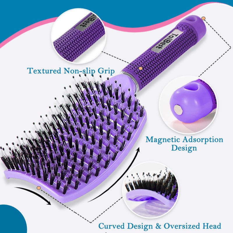 TaiBest Boar Bristle Hair Brush Set - Dry/Wet Hair Brush Detangler for Fine, Thick, Curly Hair - Curved and Vented Hair Brush for Women, Men or Kids (Purple & Rose Red) - Image 3
