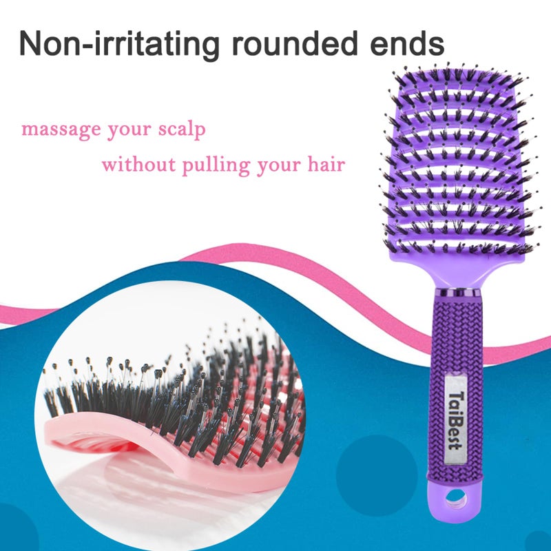 TaiBest Boar Bristle Hair Brush Set - Dry/Wet Hair Brush Detangler for Fine, Thick, Curly Hair - Curved and Vented Hair Brush for Women, Men or Kids (Purple & Rose Red) - Image 4