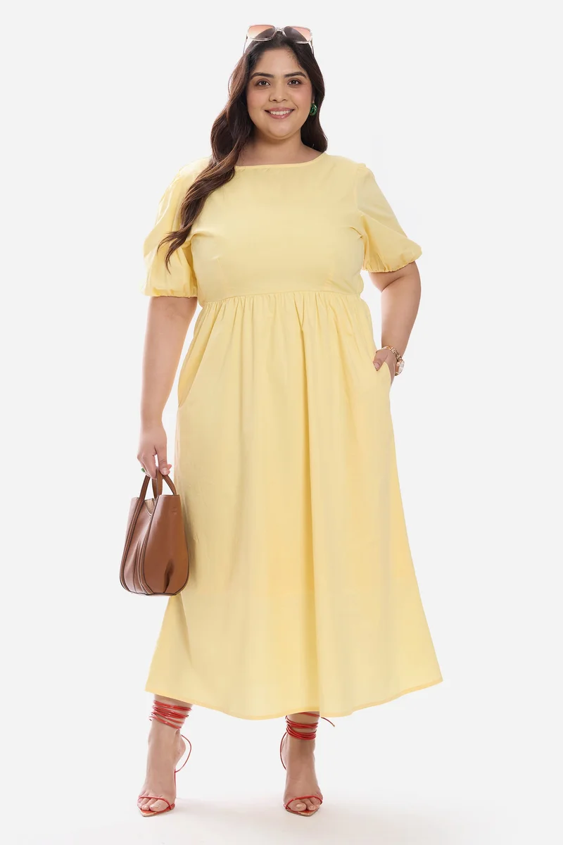 فيرجيو Solid Cotton Midi Plus Size Dress With Puff Sleeve for Women