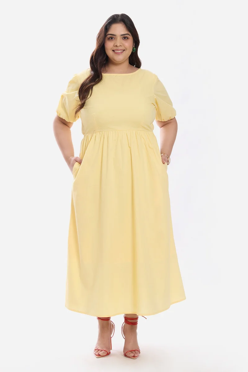 فيرجيو Solid Cotton Midi Plus Size Dress With Puff Sleeve for Women