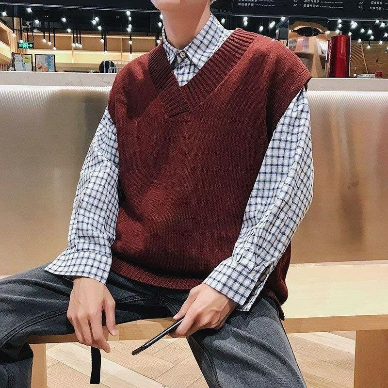 Women'S Vest Jacket Men'S Korean Style Distinctive Ins Hong Kong Style V-Neck Sweater Vest Loose Lazy Solid Color Knitted Vest For - Image 3