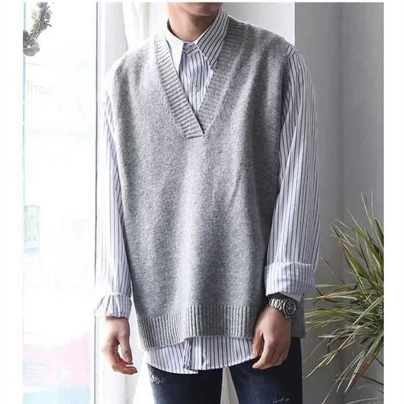 Women'S Vest Jacket Men'S Korean Style Distinctive Ins Hong Kong Style V-Neck Sweater Vest Loose Lazy Solid Color Knitted Vest For - Image 1