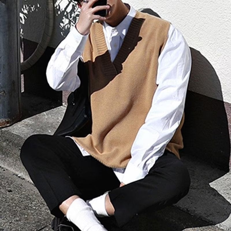 Women'S Vest Jacket Men'S Korean Style Distinctive Ins Hong Kong Style V-Neck Sweater Vest Loose Lazy Solid Color Knitted Vest For - Image 5