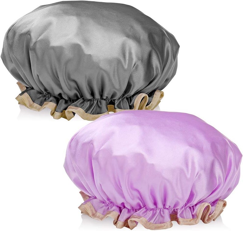 HS 2Pack Waterproof Shower Caps for Women Girls Men Reusable Bath Hats for Long Hair Purple Black for Adults Shower Cap Bath Accessories for Women