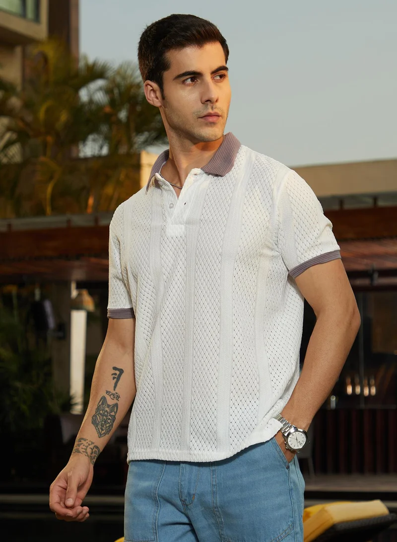 CAHOOT  Men's White & Purple Contrast Open-Knit Polo T-Shirt For Casual Wear | Polo Neck | Short Cuffed Sleeves | Half-Button Closure | T-Shirt Crafted With Comfort Fit For Everyday Wear for Men | Best Price UAE